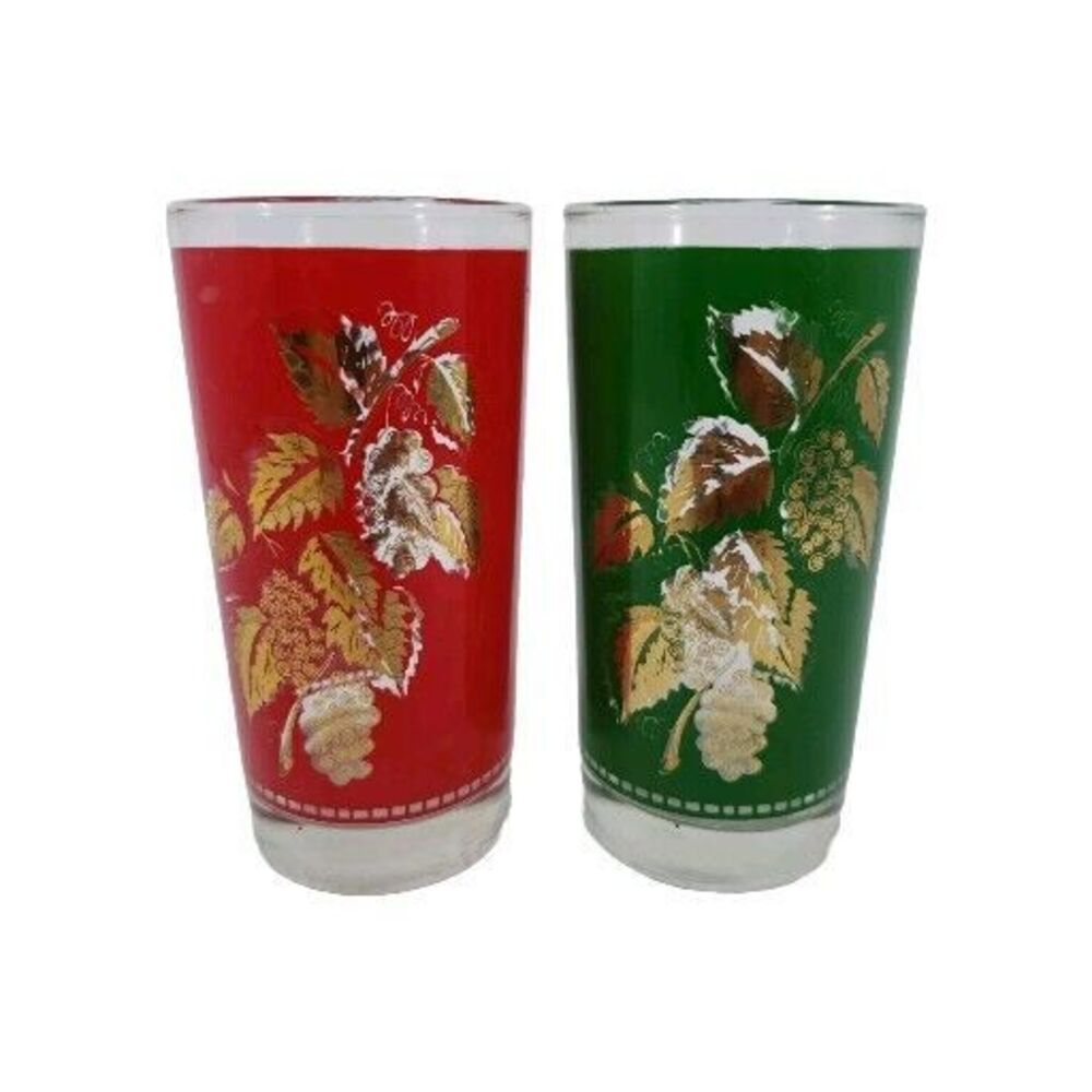 Vintage Libbey Grape Leaf Design Glasses Red Green Gold Christmas 12 oz MCM USA